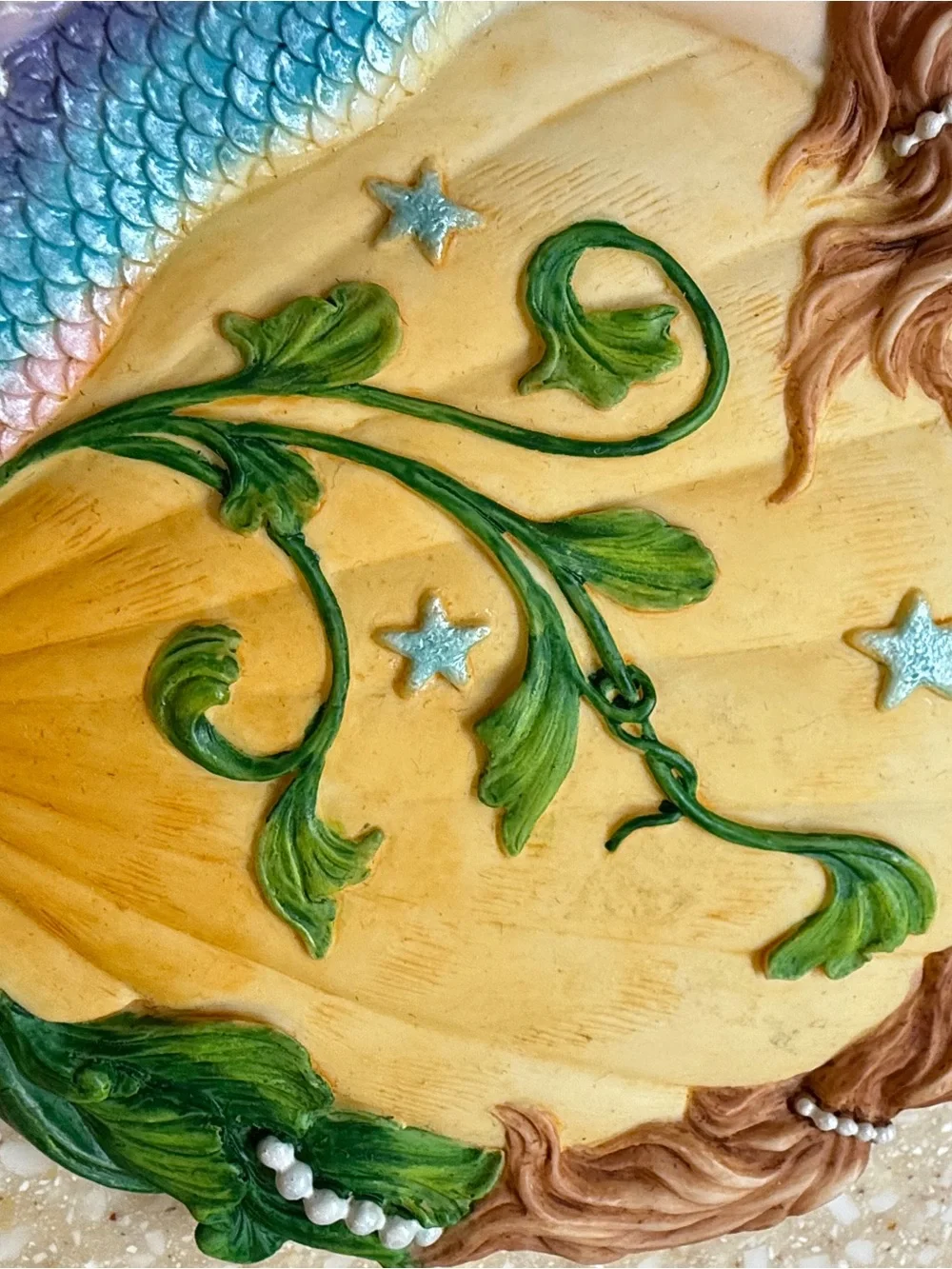 Mermaid Scale Hand Mirror with Green Leaf Accents